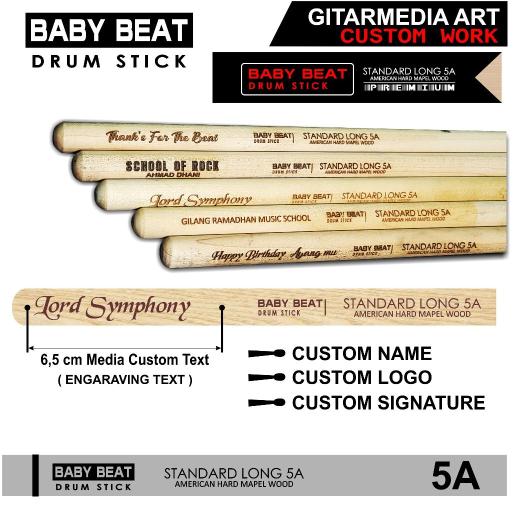 STICK DRUM CUSTOM NAMA LOGO DRUM STICK MAPEL 5A STIK DRUM KEREN