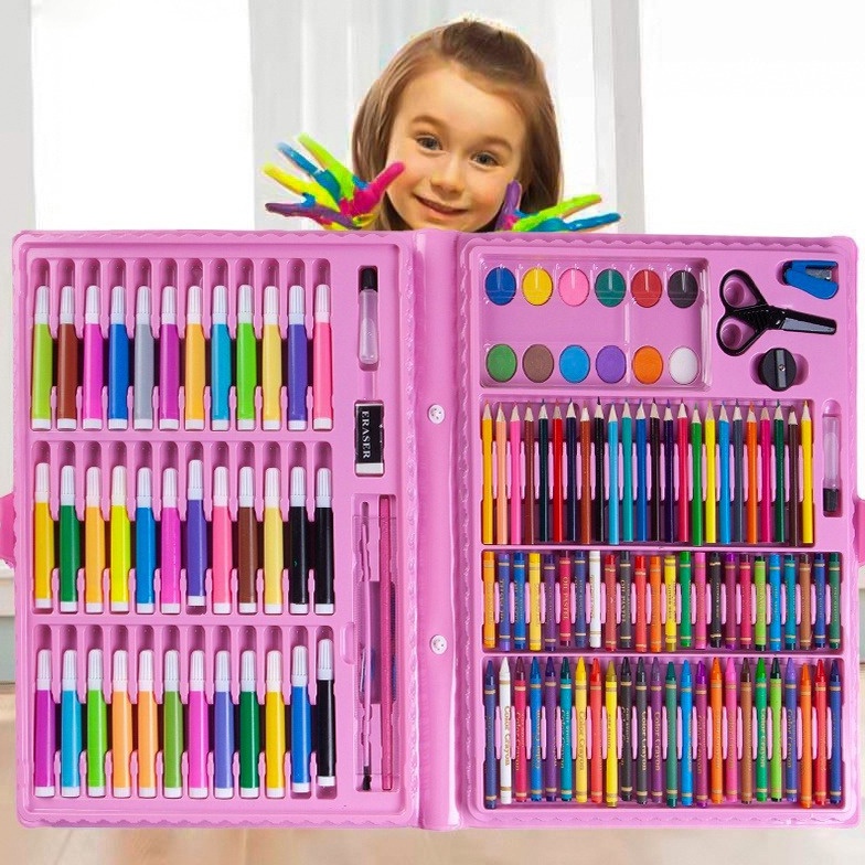 

KODE S54E Perlengkapan Menggambar Krayon Anak Set Koper 15 in 1 Crayon Full Alat Melukis Mewarnai Set KIDS LAND
