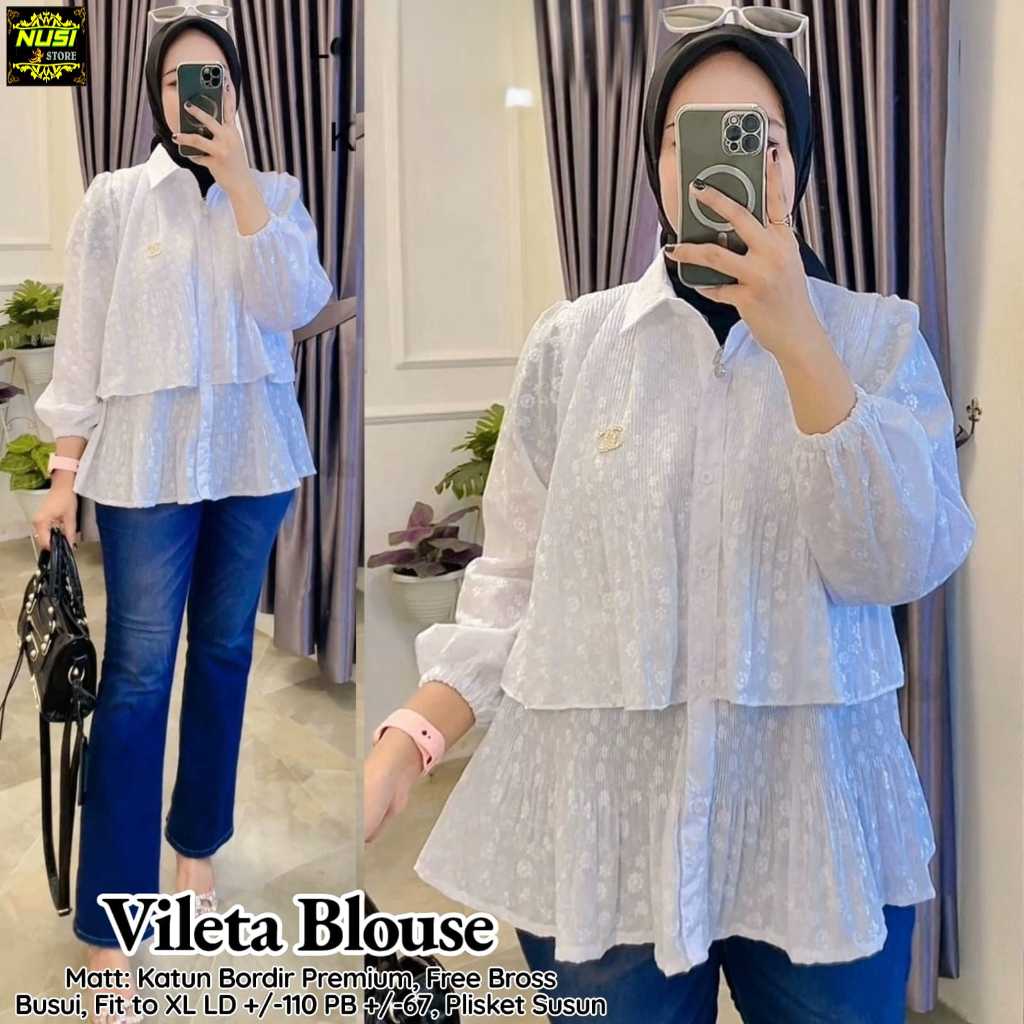 Vileta baju blouse kemeja atasan wanita muslim remaja katun bordir putih jumbo ld 110 putih kekinian
