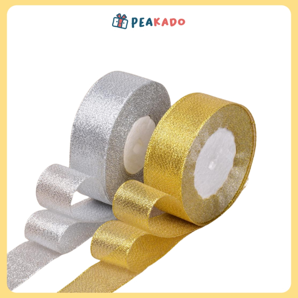 

Pita Emas Perak 1 Inch 2,5 cm Roll Bahan Kain Glitter Metalik untuk Bungkus Buket Kado Souvenir Hampers Kerajinan Tangan DIY