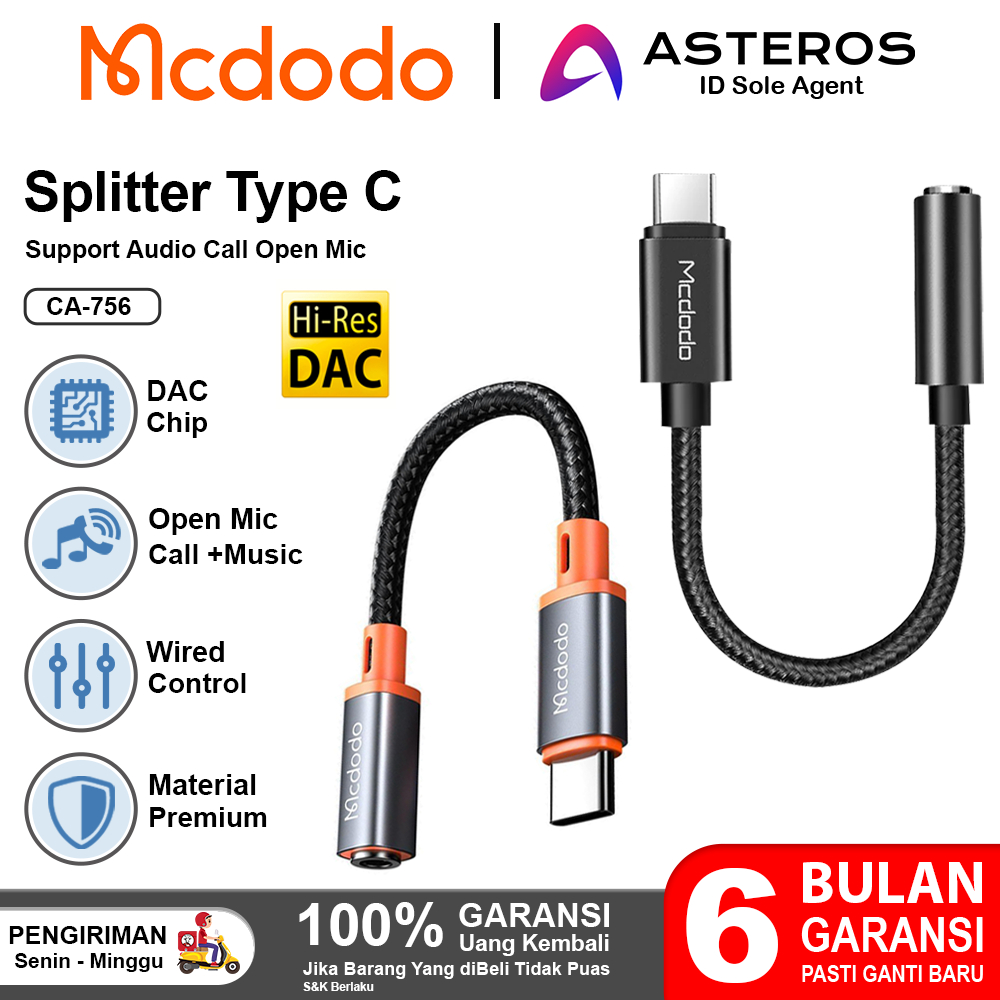 NEW PORODUK MCDODO SPLITTER TYPE C TO JACK 3.5MM FOR SAMSUNG OPPO MI REALME VIVO SUPPORT AUDIO,