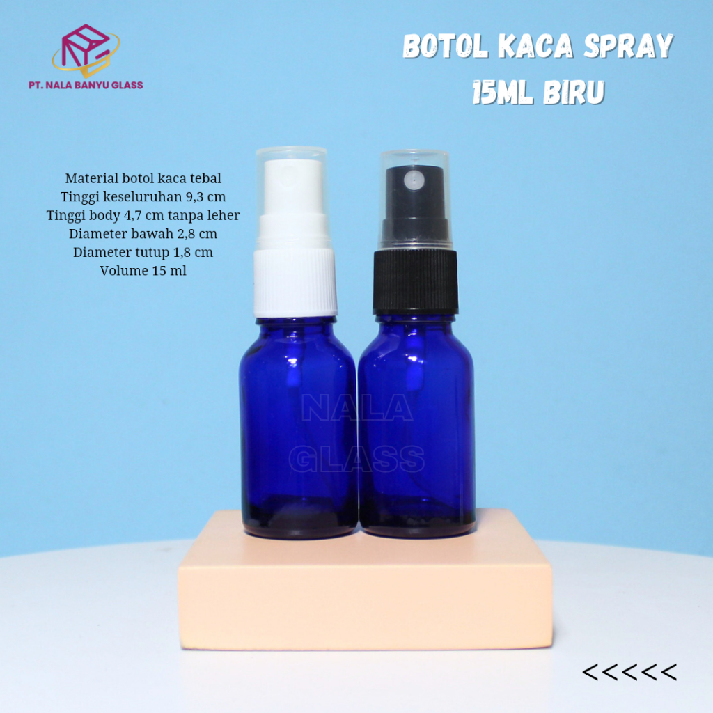 botol spray 15ml kaca biru / botol kaca 15ml biru tutup spray