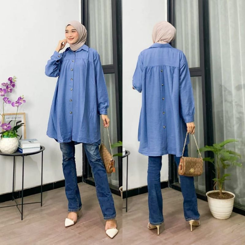 Zeva Tunik wanita / Tunik linen / Atasan Wanita kancing Depan dan Variasi kancing Belakang