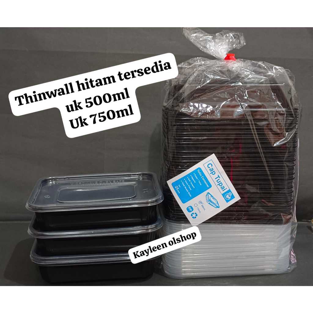 Thinwall Rect Hitam 500ml & 750ml + Tutup / Thinwall Persegi Panjang (isi 25 pcs)