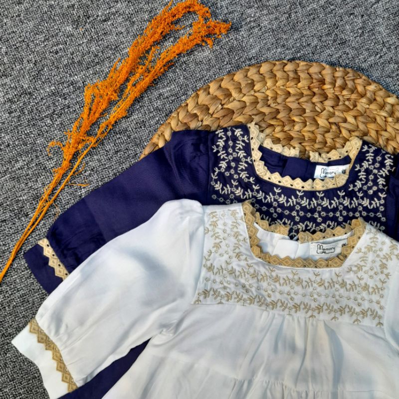 Memory Life / Dress / atasan tunik anak Perempuan Bahan katun Bordir Navy & Putih Umur 6 - 24 bulan.