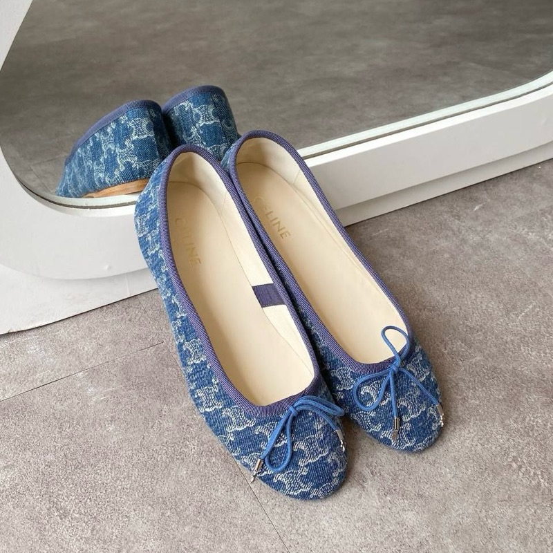 BRAND NEW CELINE CE*LINE Les Ballerines Ballerinas with Triomphe Laces in Triomphe Stamped Denim Fla