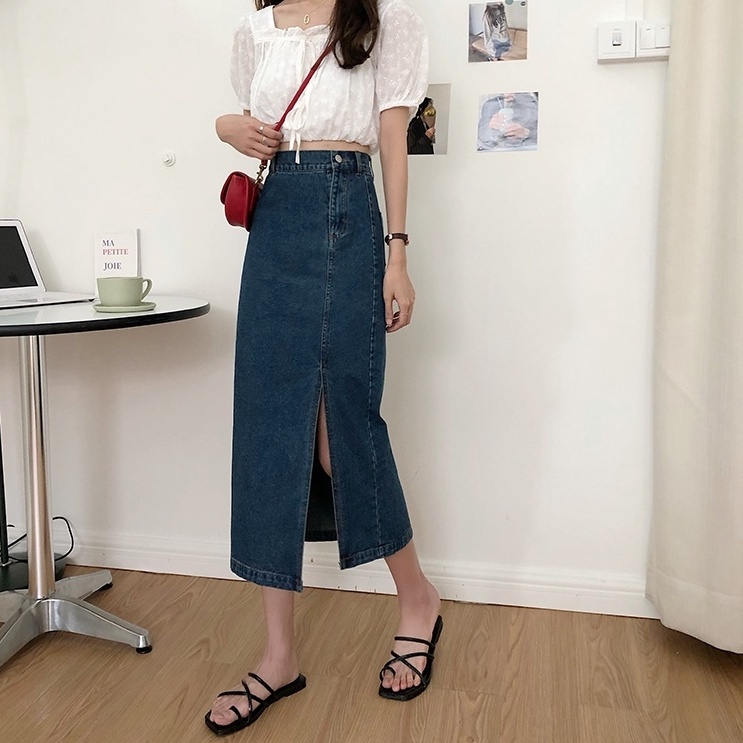 XIAOZHAINV Rok jeans korean style denim skirt rok belah samping Navy blue rok denim panjang rok jean