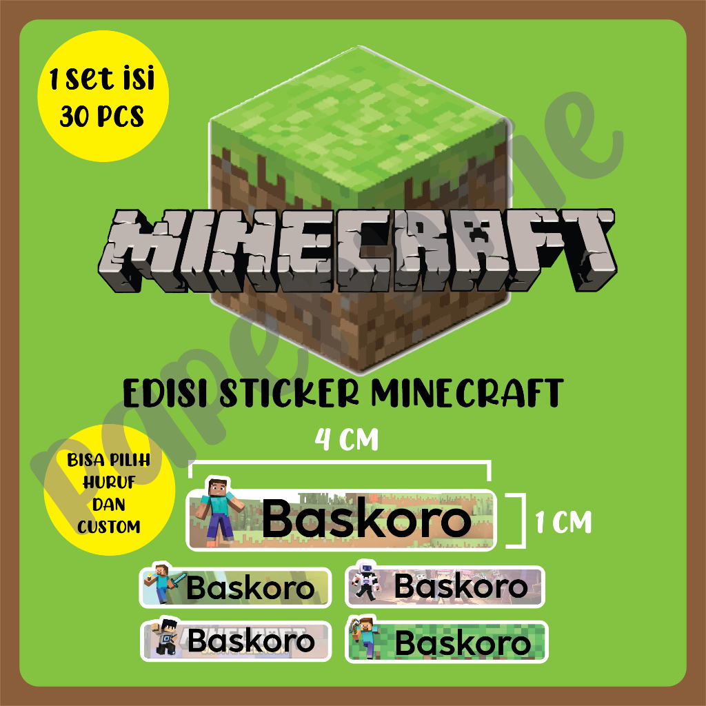 

Stiker Nama Anak Minecraft - Sticker Buku Pelajaran, Pensil, Label Nama Custom