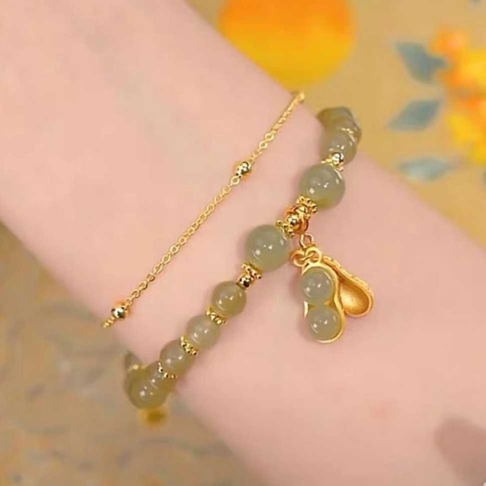 KODE N55Q GL43  Gelang Giok Asli Batu Kacang TitaniumGelang Giok Kacang Wanita Berlapis Emas 18K Ant