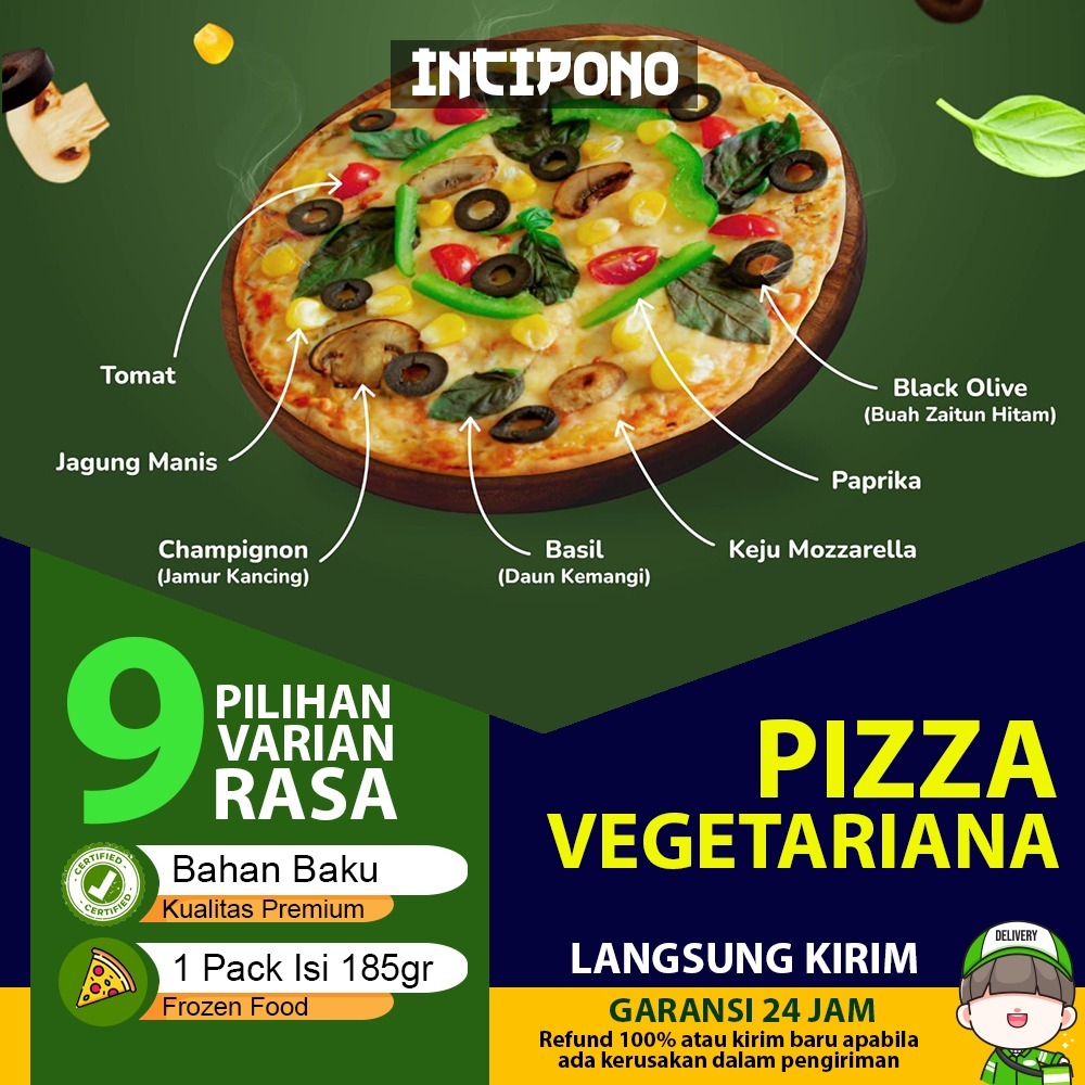 

Incipono Pizza Vegetariana Rasa Tomat Jagung Manis Jamur Kancing Keju Mozzarella Daun Kemangi Paprika Buah Zaitun Hitam Isi 185gr Frozen Food Halal Premium Hotel