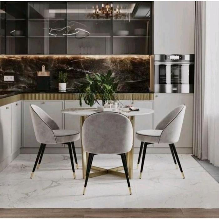 Meja Makan Marmer Bulat Set 4 Kursi Jok | Meja Makan Marmer Asli Putih