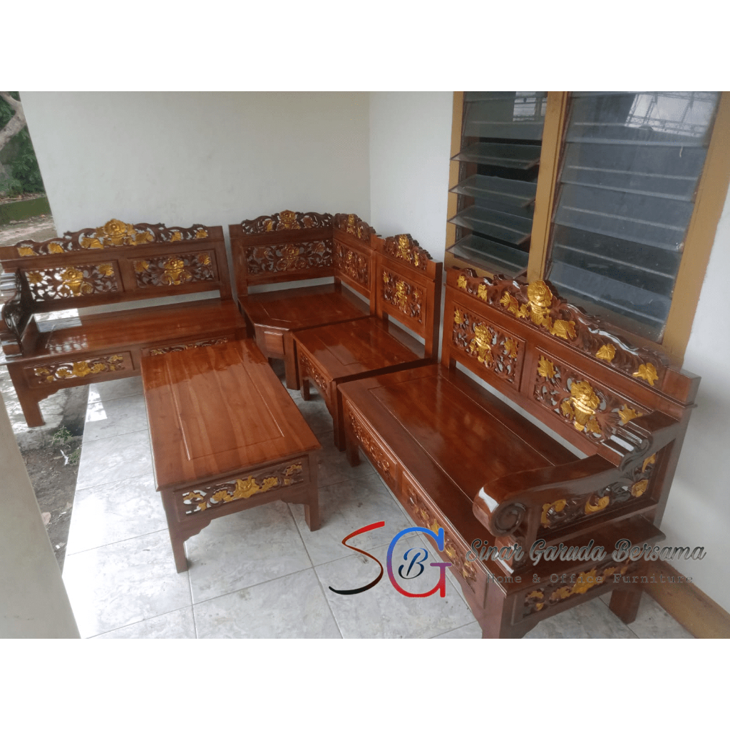 SOFA TAMU JATI LETTER L + MEJA / KURSI TAMU SUDUT BAHAN KAYU JATI / SOFA L JATI CLASSIC