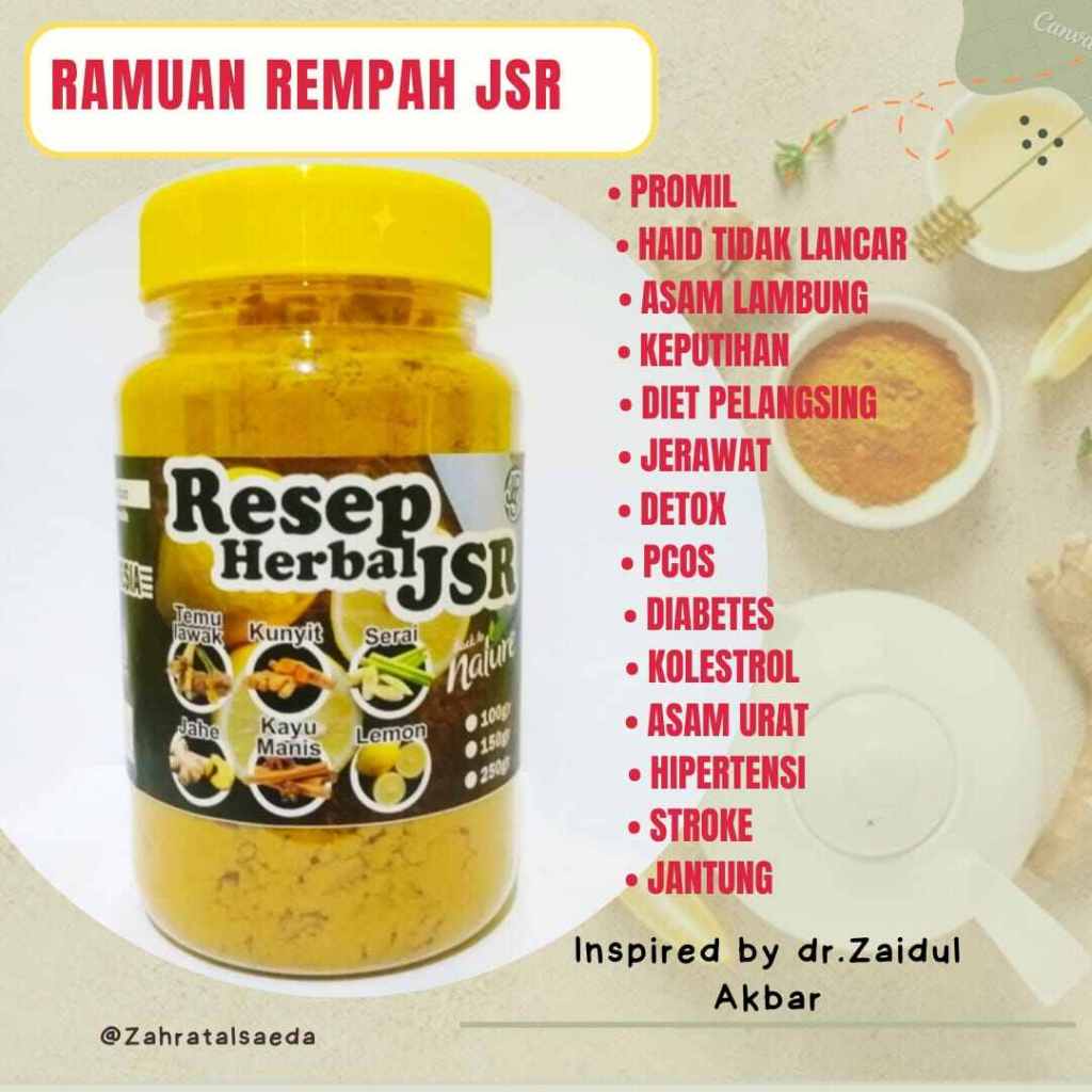 

Herbal JSR 150gr / Empon Empon resep Zaidul Akbar Kunyit Temulawak Serei Jahe merah Kayu Manis Lemon