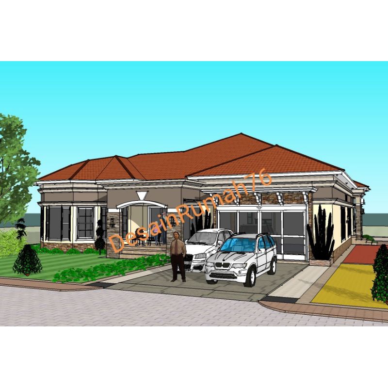 PAKET DESAIN RUMAH MEWAH UKURAN 20x20. jasa desain rumah 3D. Rumah Mediterania Style