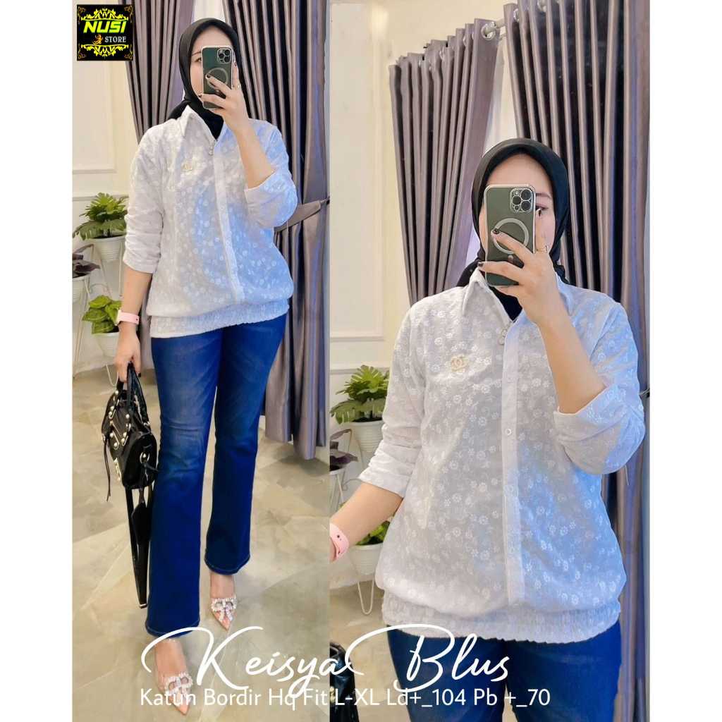 Keysha baju blouse kemeja atasan wanita muslim remaja katun bordir putih jumbo ld 104 putih kekinian