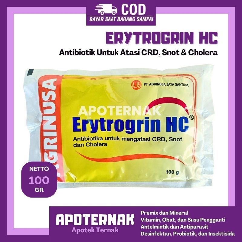 ERYTROGRIN HC 100 gram - Obat Anti SNOT CRD Berak Hijau Berak Putih - Obat Ayam Snot Pilek Ngorok CR