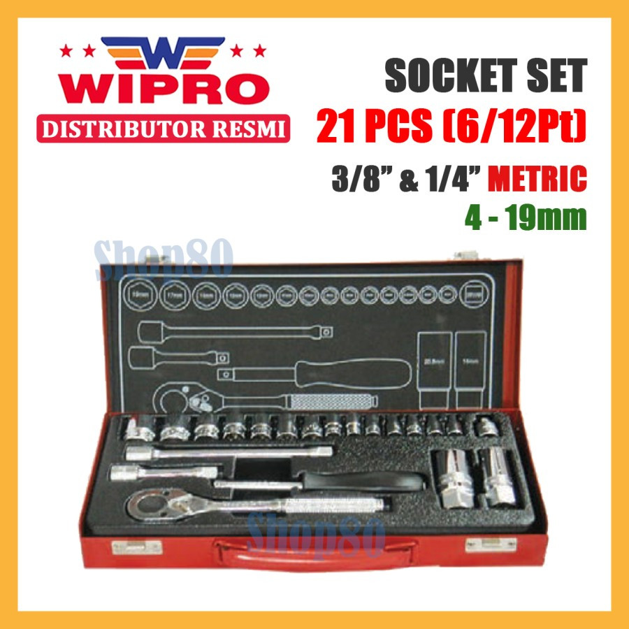 Wipro Mata Kunci Shock 3/8" 1/4" Set 21 pcs Sok Socket Sock 6PT 12PT Metric 4 5 5.5 6 7 8 9 10 12 13