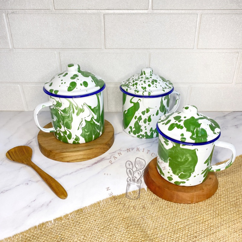 Mug Cangkir Enamel Blirik/ Gelas Mug Blirik + Tutup/ Gelas Teh Kopi Jadul/ Mug Jadul Vintage 7 cm 8 