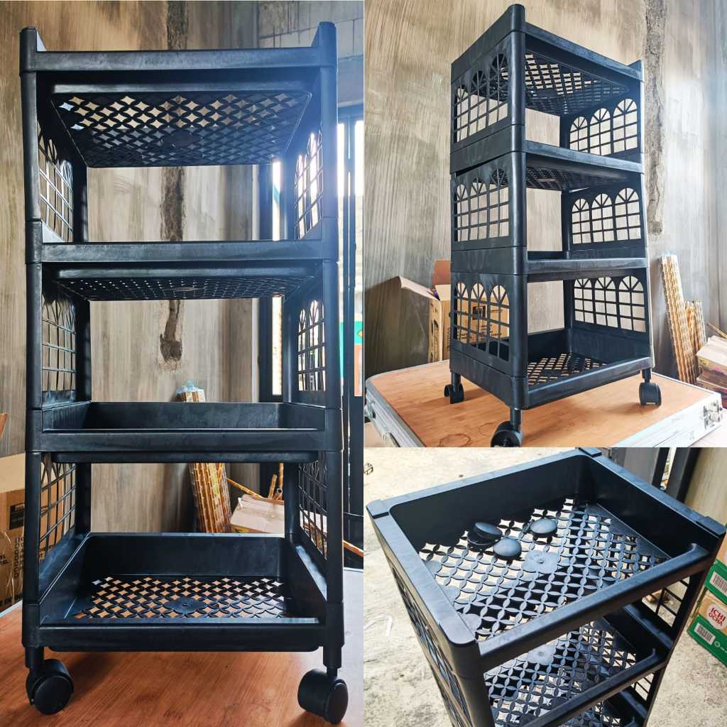 WARNA HITAM ELEGANT RAK YOYO 4 SUSUN RODA PACKING DUS