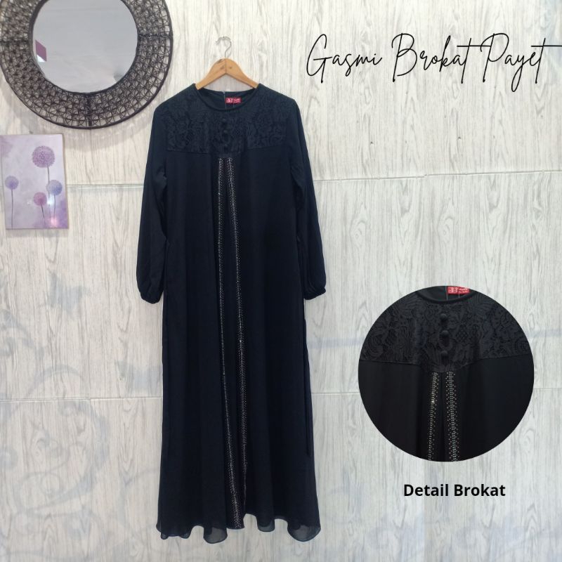 Grosir jilbab syifa - Gamis Hitam Brokat Payet dibagian depan non busui resleting belakang all size 