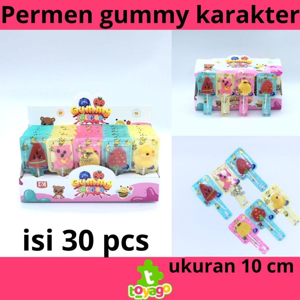 

Lolipop Gummy Karakter Permen Lunak Aneka Rasa isi 30 Pcs Grosir Murah (Gummy Lolipop toyago toys)