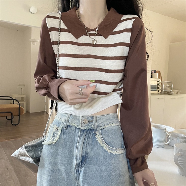 Hanolshop Baju Atasan Crop Wanita Import Ccelaraa - Atasan Rajut Knit Kombinasi Katun - Atasan Cewek