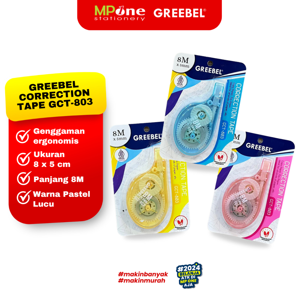 

Greebel Correction tape GCT-803 / Tipe-x Roll Kertas 8m x 5mm Greebel Non Toxic 803