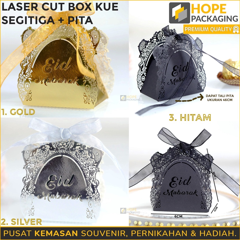 

BOMBASTIS Kemasan Kotak Lasercut Box Kue Segitiga Pita Box Eid Mubarak Uk Kecil