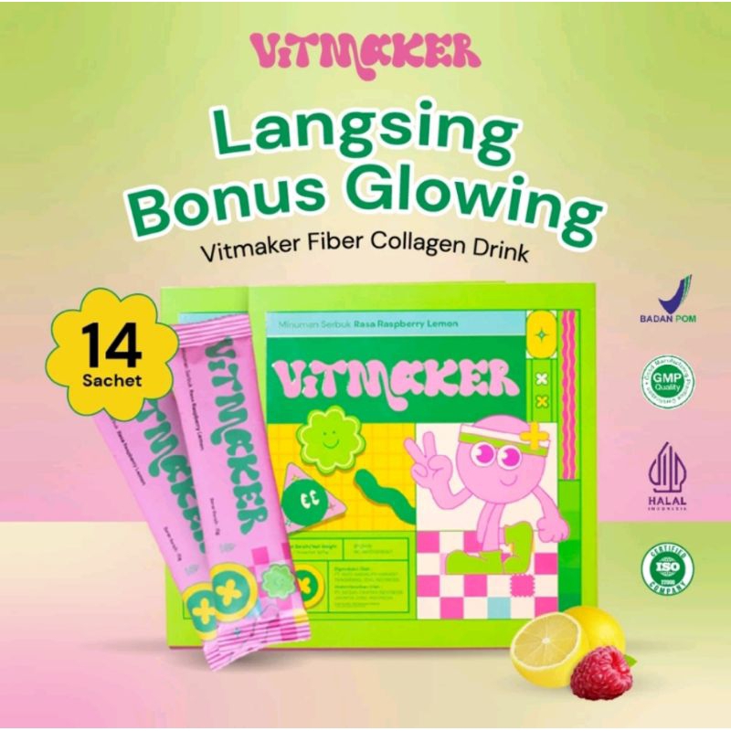Vitmaker Fiber Collagen Drink (Minuman Serbuk Rasa Raspberry Lemon) Vitmaker Stevia Vitmaker Fiber C