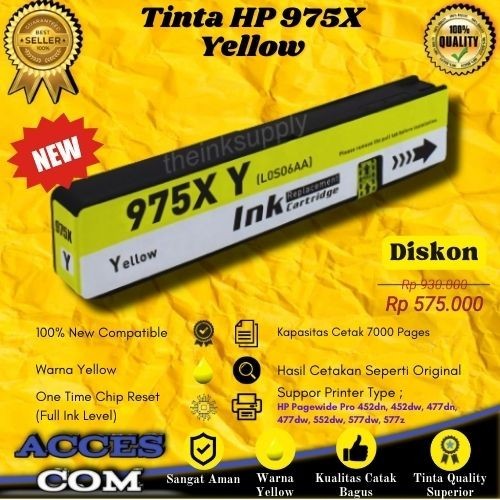 Cartridge Tinta Compatible HP 975X Yellow Printer Pagewide Pro 452dn, 452dw, 477dn, 477dw, 552dw, 57