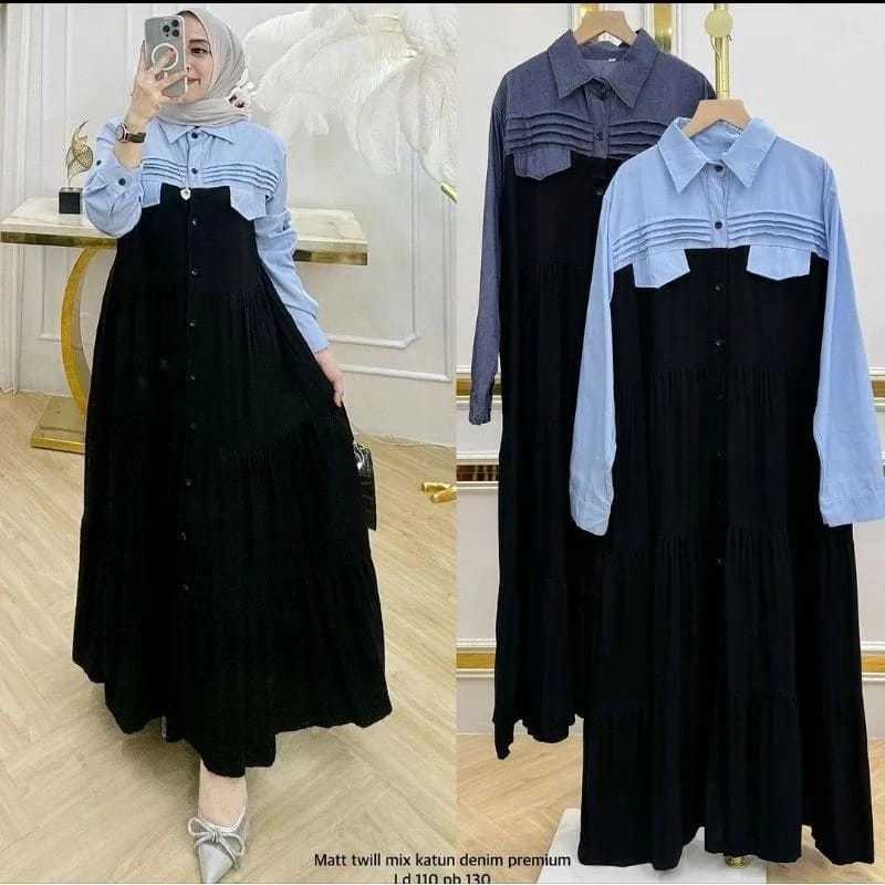 PROMO GAMIS MIDI PREMIUM GAMIS MEWAH ELEGAN GAMIS HITAM COMBINASI WARNA