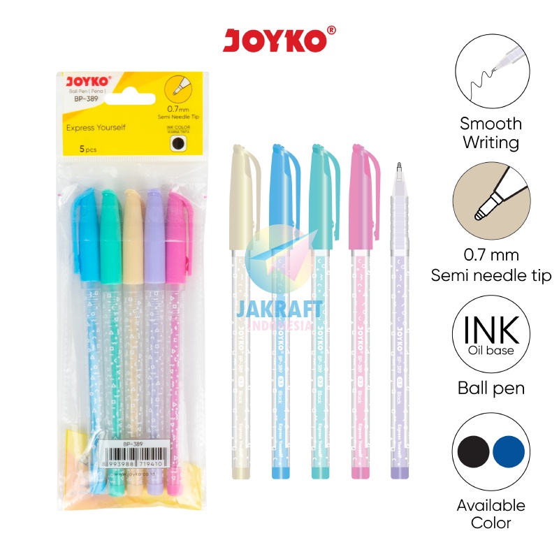 

UNIK 5 Pcs Pulpen Bolpen Ballpoint Pen JOYKO BP389 Express Yourself Hitam Black Biru Blue Murah 7mm Semi Needle Tip