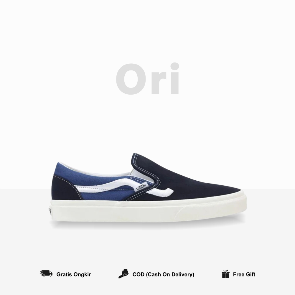 Vans Slip On Side Stripe Navy Original BNIB Global Market Vanss Slipon classic HItam Biru Putih Ori