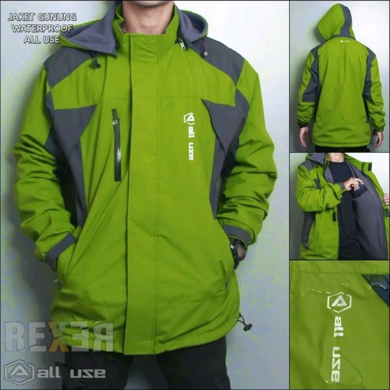 JAKET WATERPROOF WINDPROOF GUNUNG ALL USE ORIGINAL JAKET ALL USE JAKET GUNUNG ALL USE HIJAU MIX ABUJ
