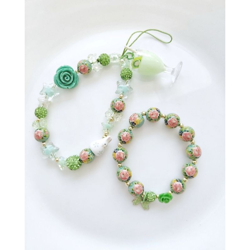 phonestrap gelang hijau Japanese tensha beads