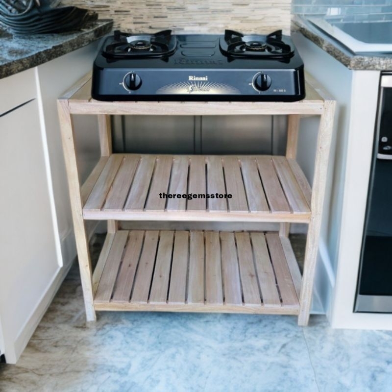 Meja kompor 2 tungku | rak kayu meja kompor 3 susun | rak kayu susun serbaguna
