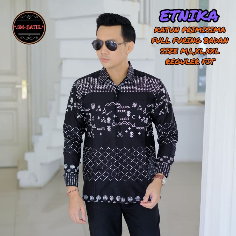ETNIKA Kemeja Batik Pria Jumputan ETNIKA HITAM MERAH Lengan Panjang Batik Pria Modern Lengan Panjang