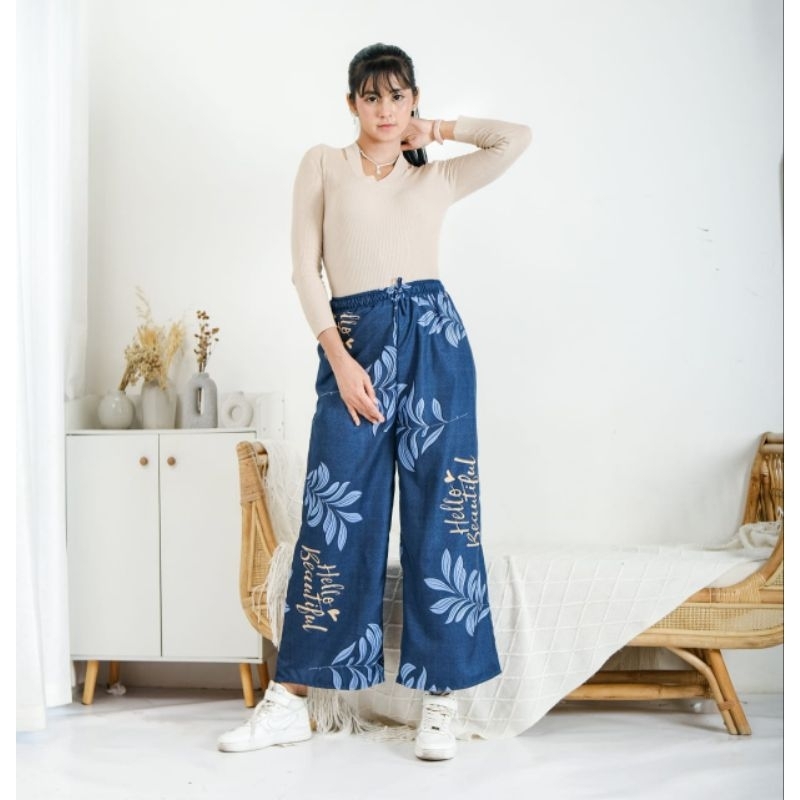 Celana Kulot Hannahoutfit Motif Bunga Bali Bahan Rayon