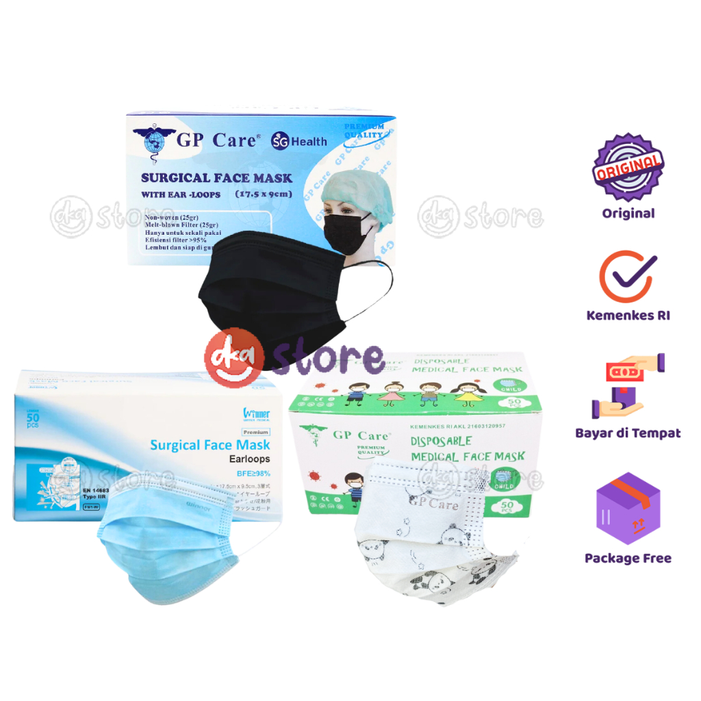 Earloop Surgical Face Mask 3ply Cosmomed Winner FM1-W GP Care FM-1B FM1-C / Masker Medis Premium Ber