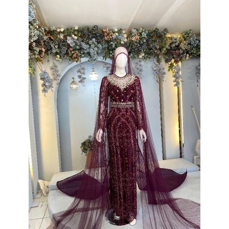 GAUN FULL PAYET PREMIUM/GAUN DRESS MUSLIM MEWAH/GAUN SLIM TILE AKAR MEWAH