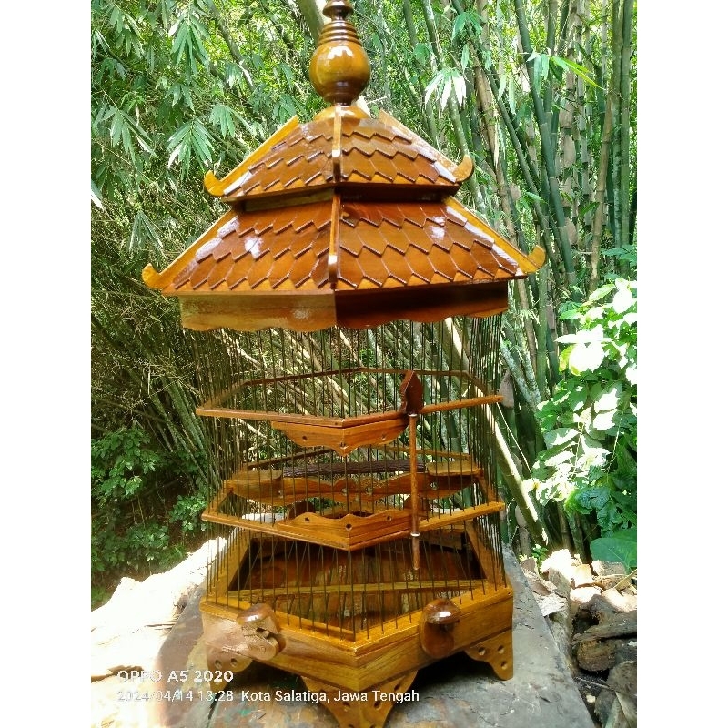 sangkar perkutut pagoda tebok lepas berbahan kayu jati tpk asli ( jeruji fiber ) diameter 40cm ..bac