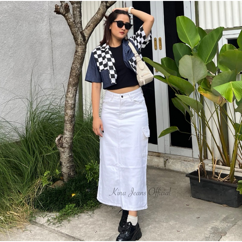 KINSH - ROK CARGO WHITE JEANS / CELANA CARGO MIDI PUTIH / HW SKIRT JEANS WANITA PREMIUM / ROK JEANS 
