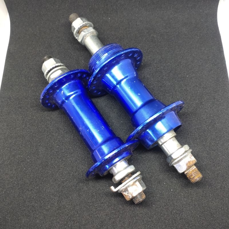 Sepasang Hub bos tromol sepeda 36 hole biru ulir alloy drat pelor loncer