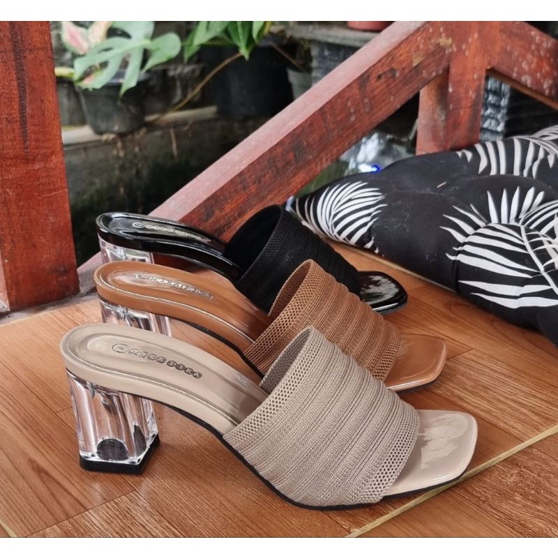 Sandal Heels Wanita Rajut // Sendal heels hak kaca terbaru model rajut infor // sandal heels premium