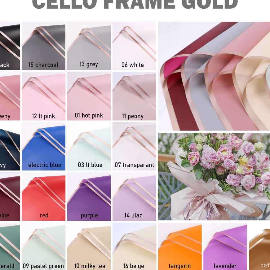 

HJ6 2 lembar Kertas Buket Cellophane Frame Gold Flower Wrapping