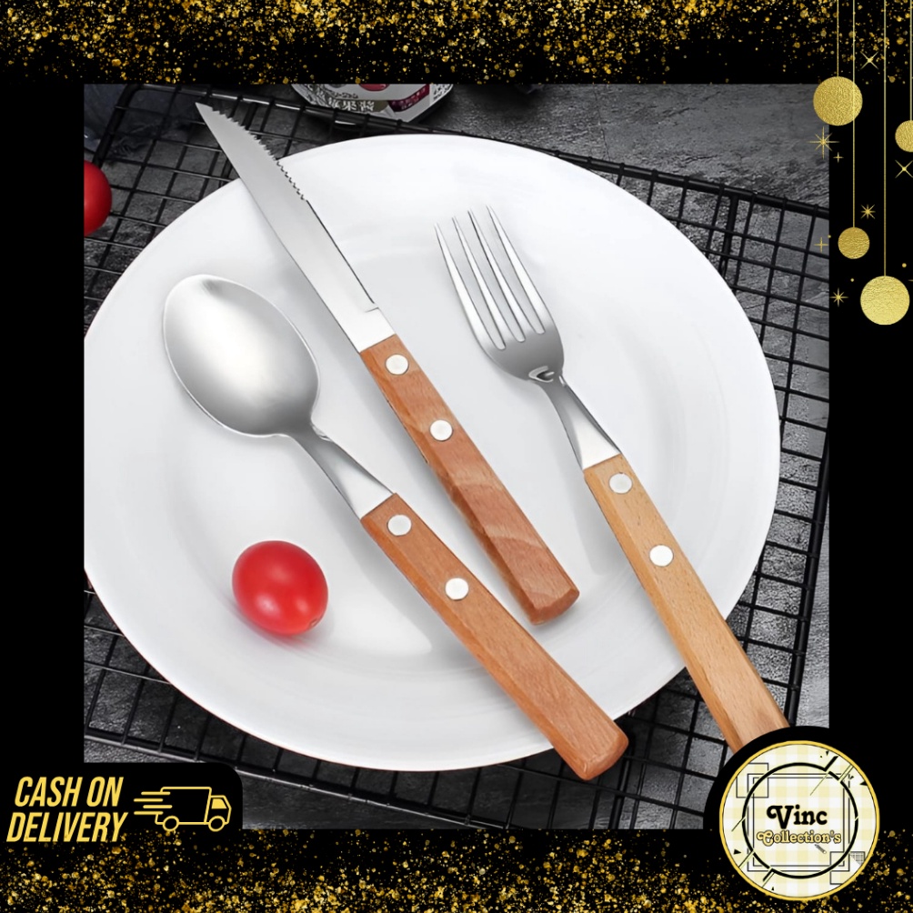 BARANG ORIGINAL Set Sendok Pisau Garpu Gagang Kayu  Set Sendok Pisau Garpu Steak  Sendok Garpu Set S