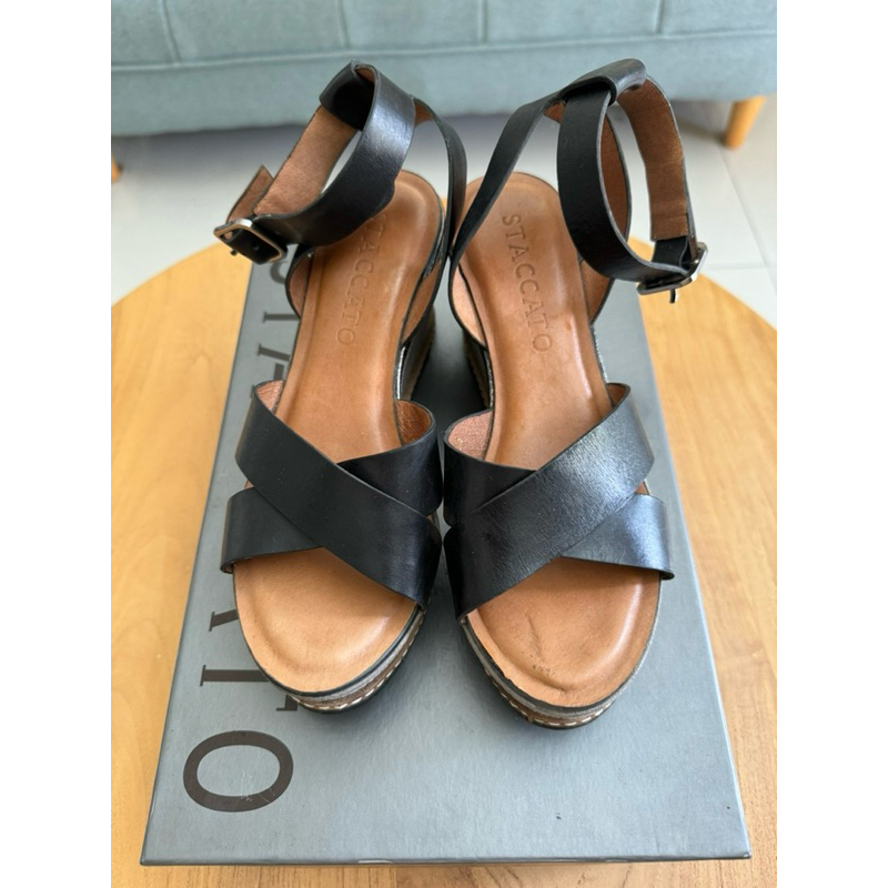 PRELOVED STACCATO WEDGES SANDAL FLAT SHOES BLACK