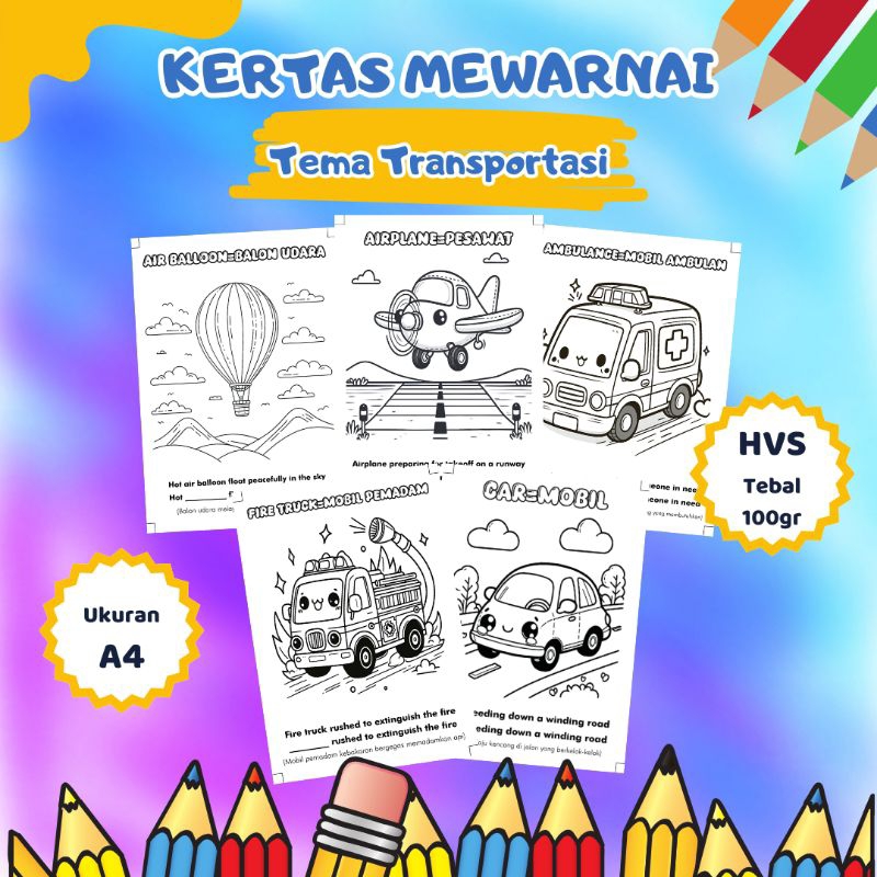 KERTAS MEWARNAI / COLORING / KERTAS GAMBAR / KERTAS MEWARNAI ANAK PAUD TK / KENDARAAN