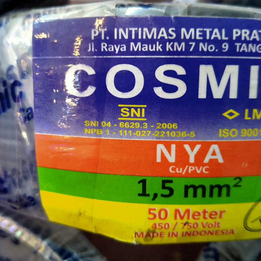 Kabel Listrik NYA 1 x 1.5 COSMIC 50 Meter Hitam SNI LMK Tembaga Kawat 1 Roll Tunggal Untuk Instalasi