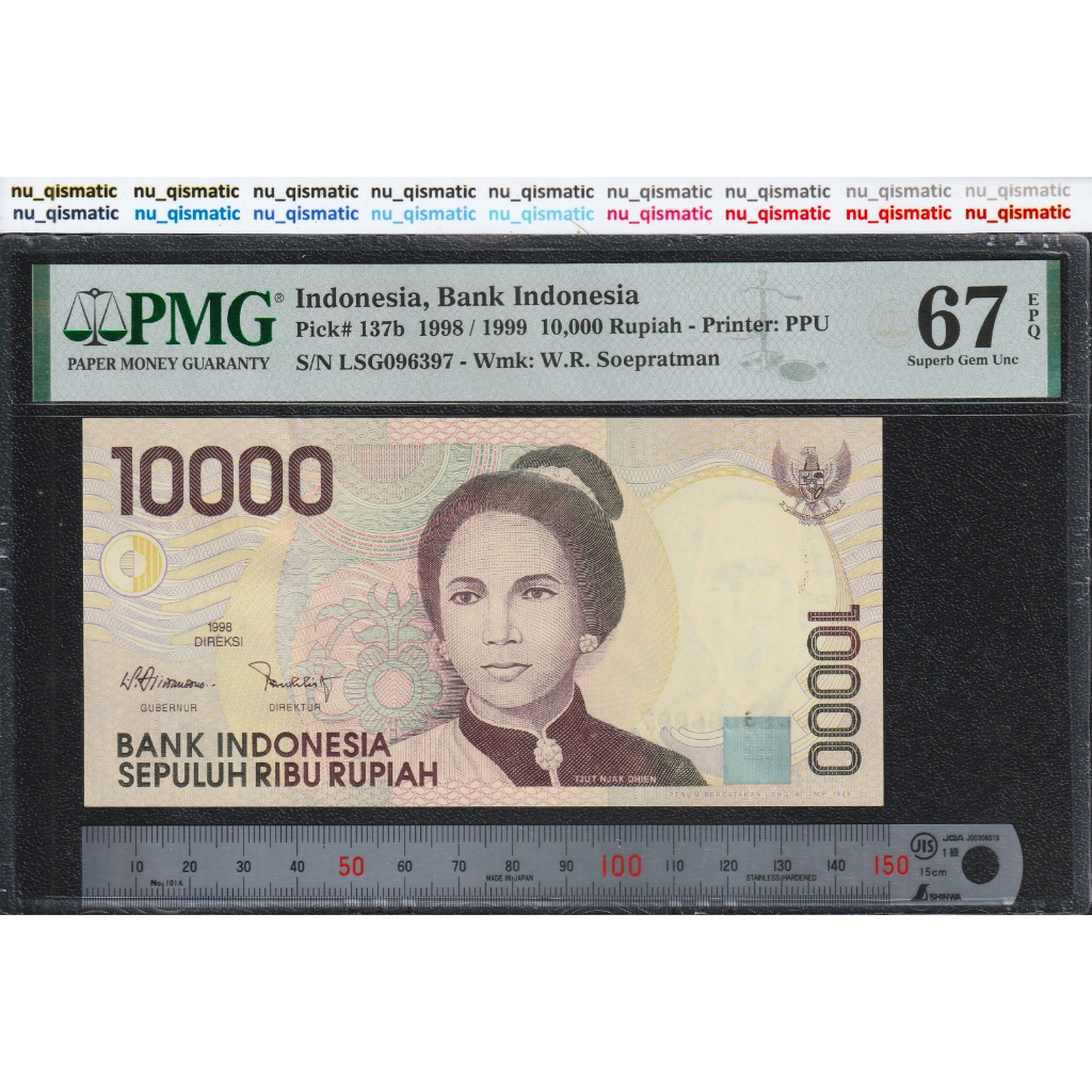 Uang 10000 Rupiah Indonesia , 1998/1999, 2nd TOP POP PMG 67 EPQ Superb Gem UNC P# 137b